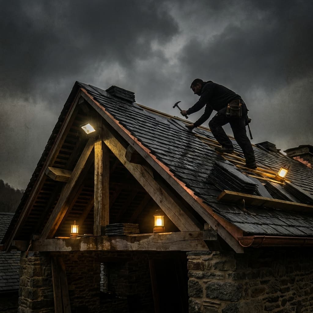 Artisan couvreur travaillant sur un toit