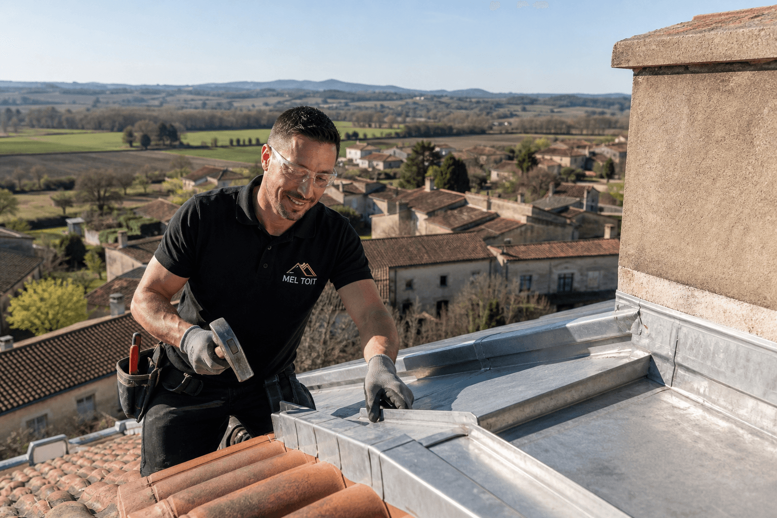 Mickhaël-Edouard Leoty réalisant des travaux de zinguerie en zinc